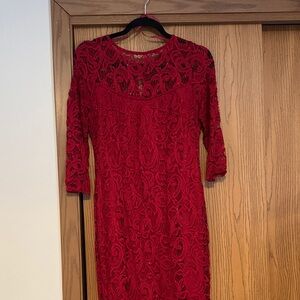 Blu Sage Vibrant Red Lace Long Sleeve Dress
